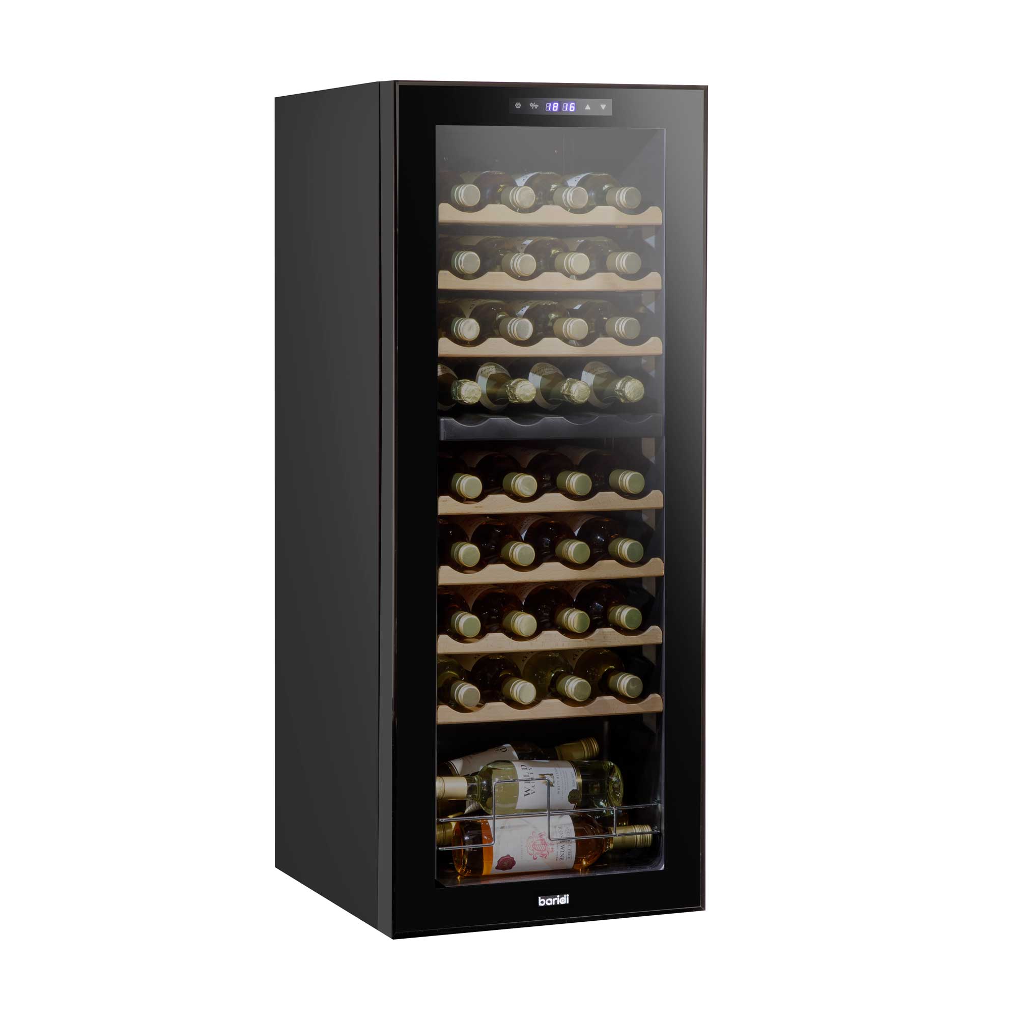 Baridi 36 Bottle Dual Zone Wine Cooler, Fridge, Touch Screen Controls, Wooden Shelves, LED - Black - DH91 - Dellonda