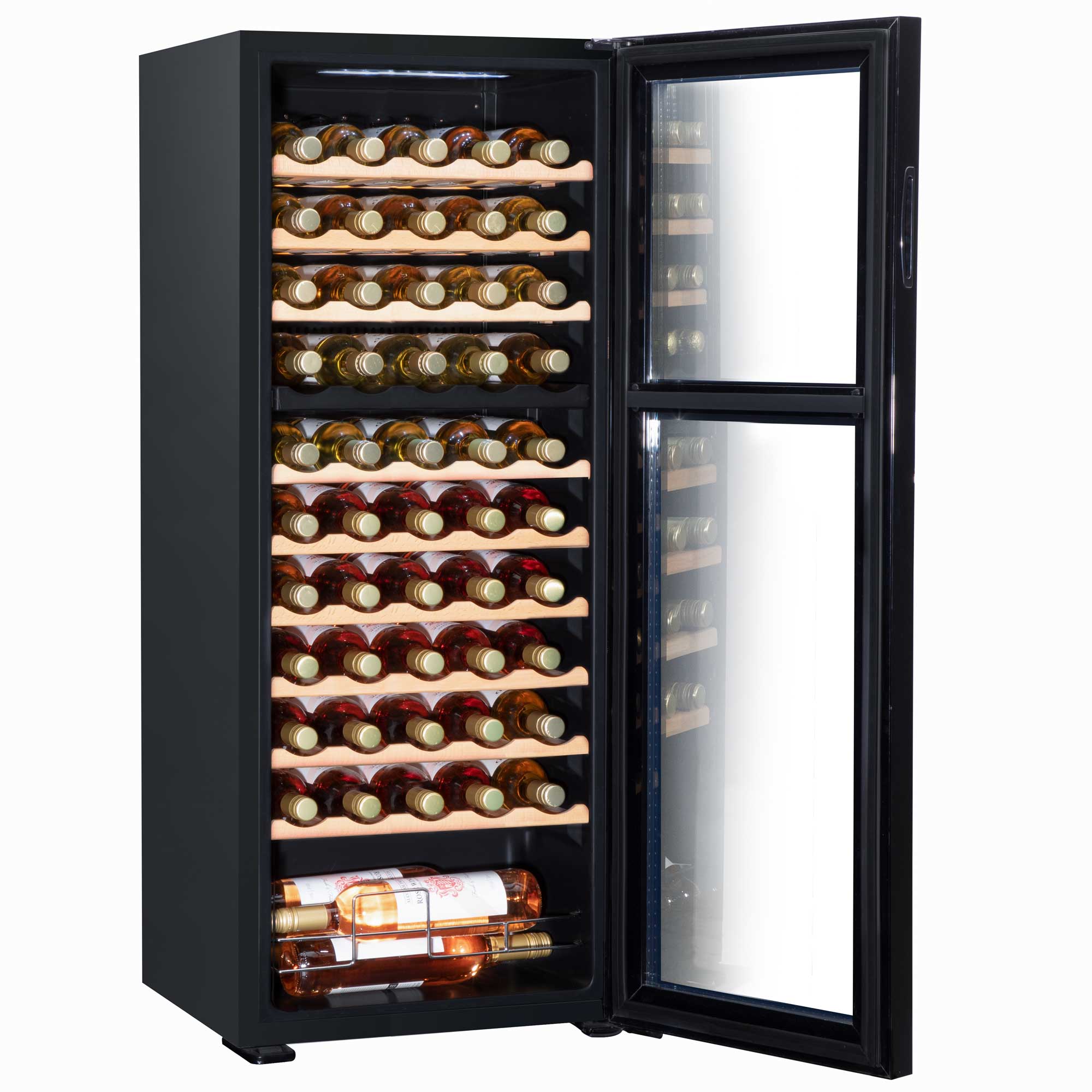 Baridi 55 Bottle Dual Zone Wine Cooler, Fridge, Touch Screen Controls, Wooden Shelves, LED - Black - DH93 - Dellonda