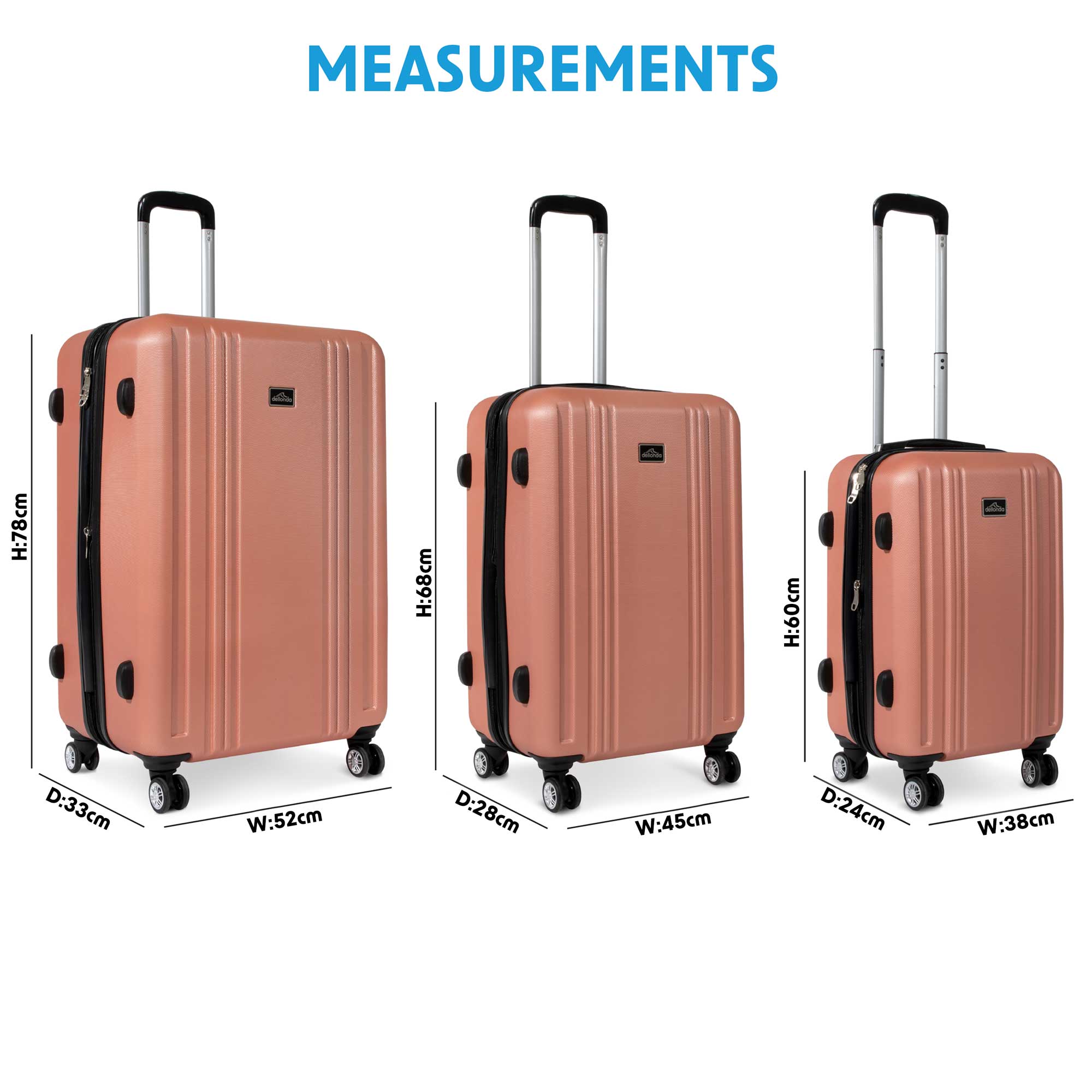 3 Piece Lightweight Luggage Suitcase Trolley Set ABS TSA Lock - Rose Gold - DL125