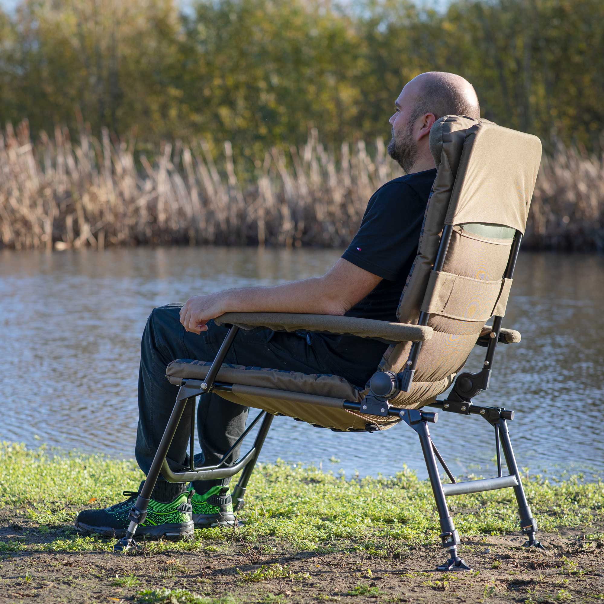 Deluxe Portable Fishing Chair, Reclining, Padded Armrests, Adjustable, Rotating Feet - DL73